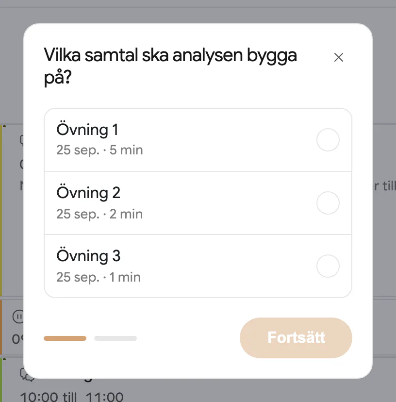 Första steget i Ny analys: workshopdagens tre inspelade delar som kryssrutor, var och en med datum och längd, ingen ikryssad än
