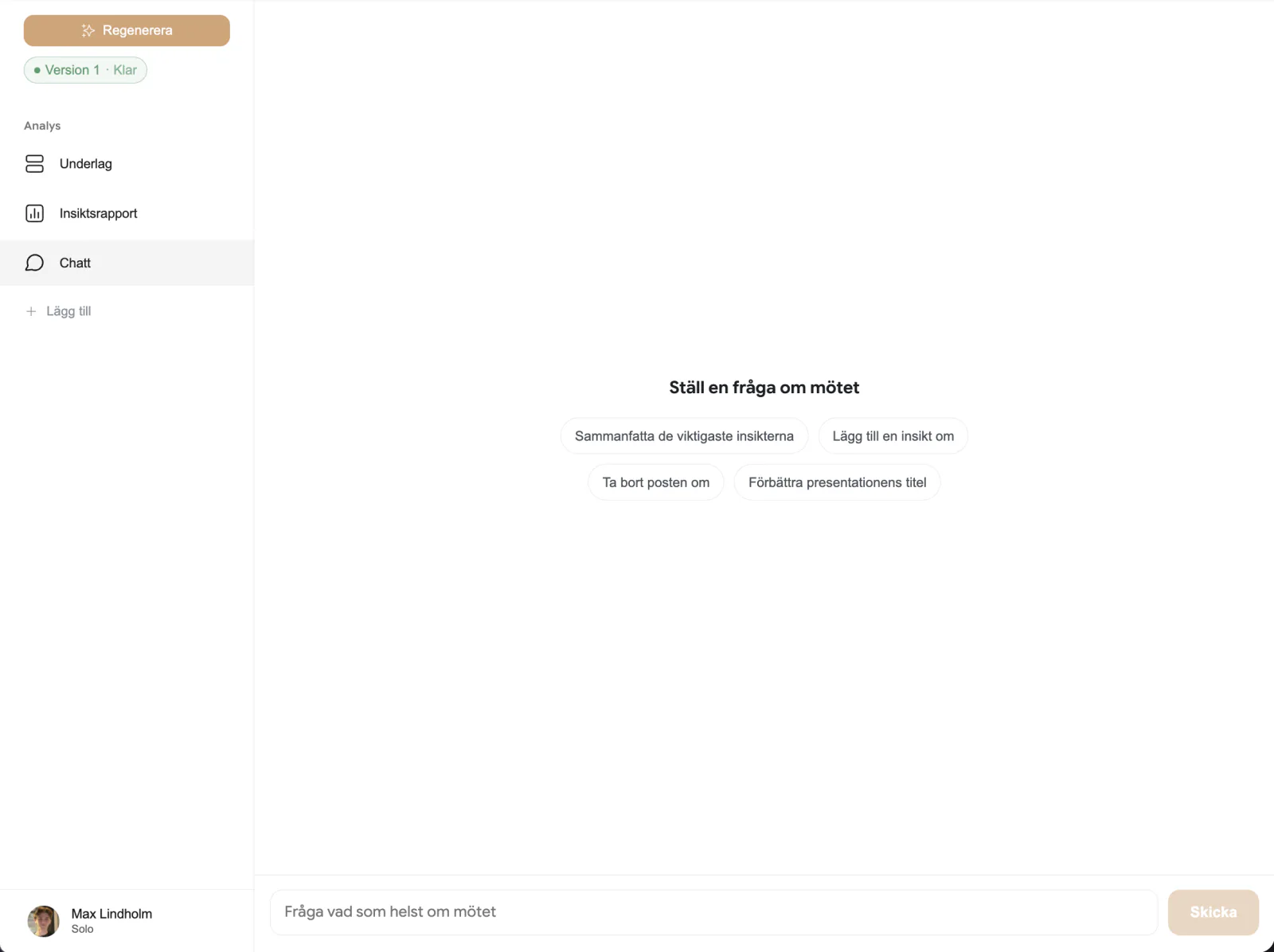 The analysis chat panel with a question and an assistant reply showing a change report