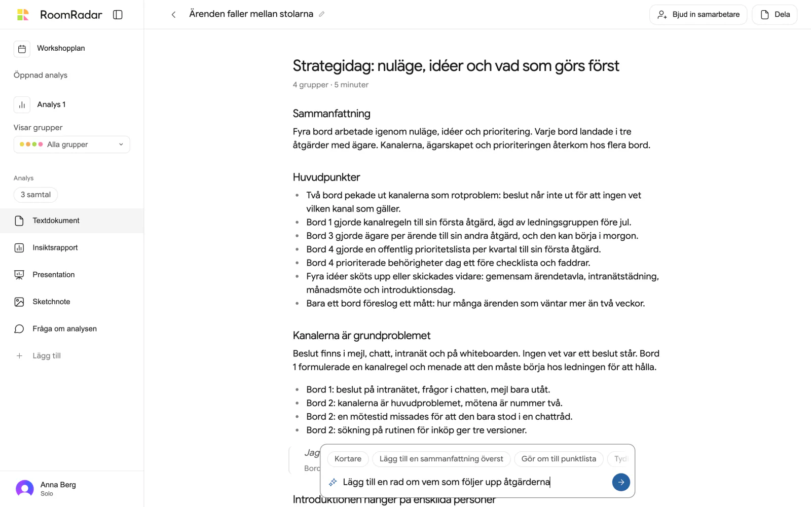 Textdokumentet öppet som redigerare, med den flytande AI-rutan under