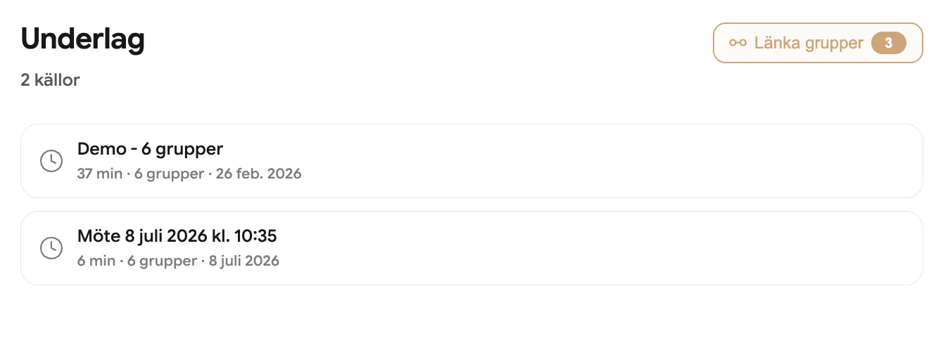 An analysis with two source meetings and a Link groups button