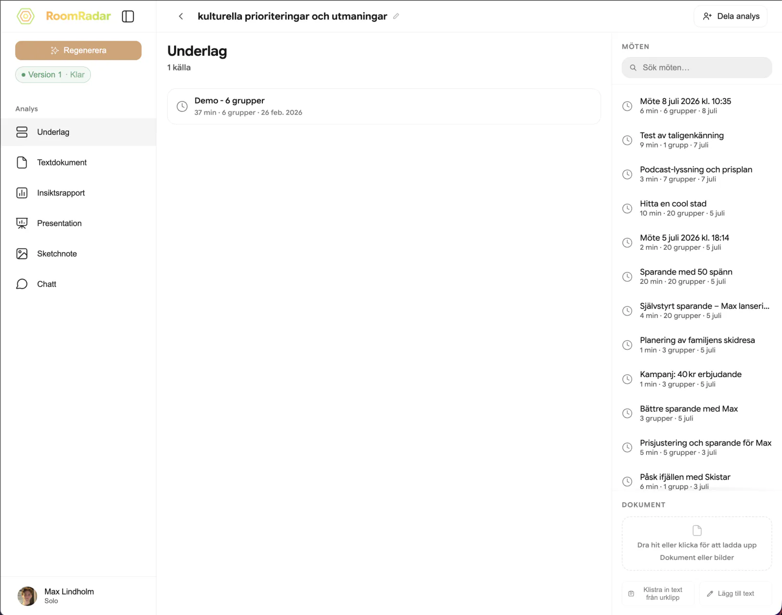 The analysis workspace showing tabs for insight report, text, presentation, and sketchnote