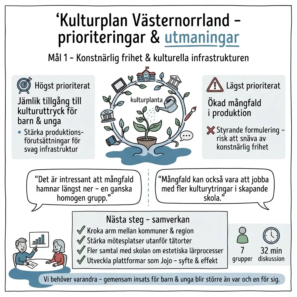 Handritad sketchnote som sammanfattar en workshop: prioriteringar, citat från grupperna och nästa steg